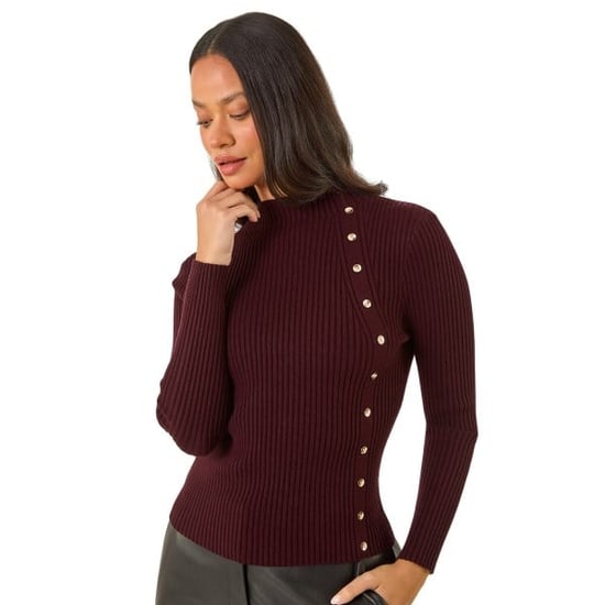 High Neck Button Detail Rib Jumper - Image 1