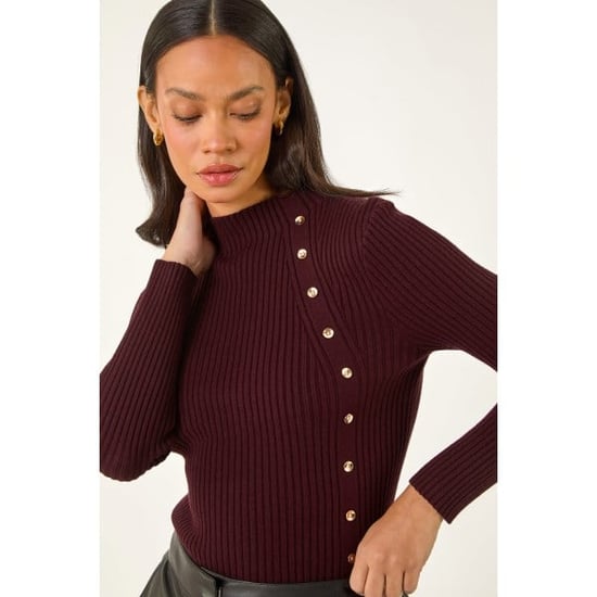 High Neck Button Detail Rib Jumper - Image 3
