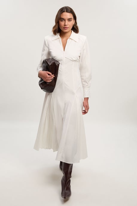 Pleated Detail Cotton Long Sleeve Woven Midi Dress - Image 1