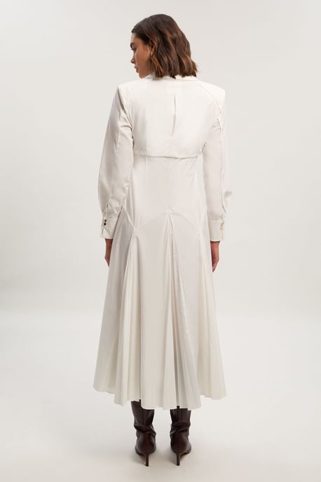 Pleated Detail Cotton Long Sleeve Woven Midi Dress - Image 3