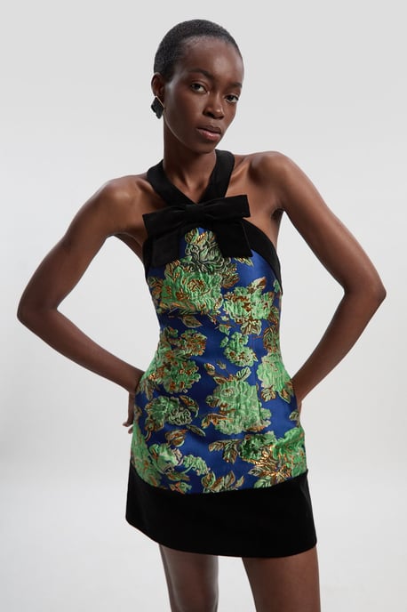 Velvet And Jacquard Contrast Halterneck Tailored Mini Dress - Image 1