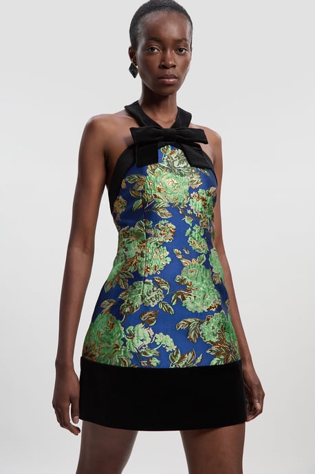 Velvet And Jacquard Contrast Halterneck Tailored Mini Dress - Image 2