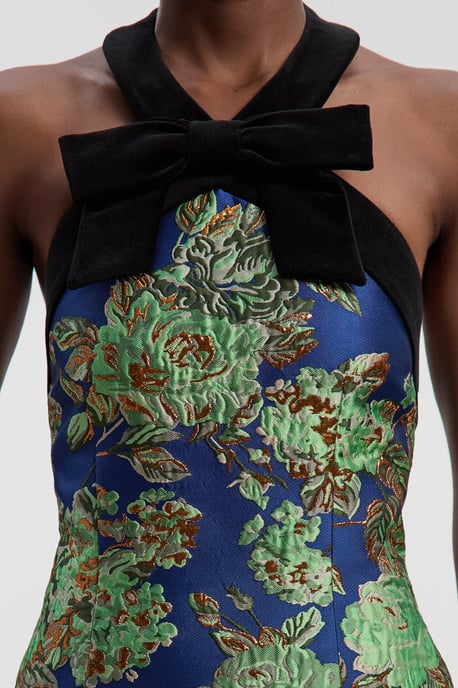 Velvet And Jacquard Contrast Halterneck Tailored Mini Dress - Image 3