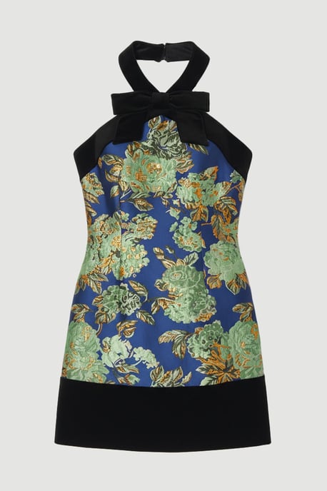 Velvet And Jacquard Contrast Halterneck Tailored Mini Dress - Image 4