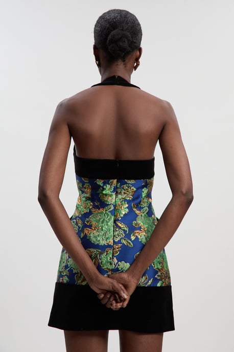 Velvet And Jacquard Contrast Halterneck Tailored Mini Dress - Image 5