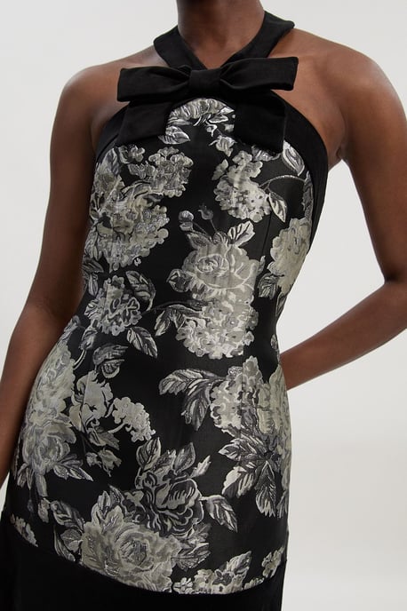 Velvet And Jacquard Contrast Halterneck Tailored Mini Dress - Image 3