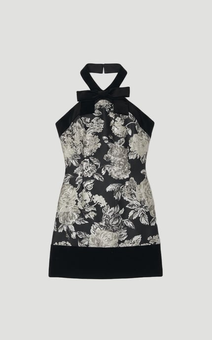 Velvet And Jacquard Contrast Halterneck Tailored Mini Dress - Image 4