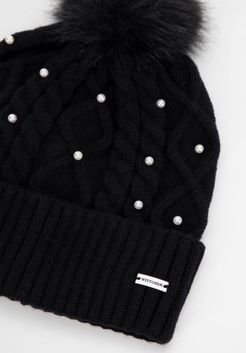 Wittchen Dameshoed met pompon en parels, zwarte viscose - Image 2