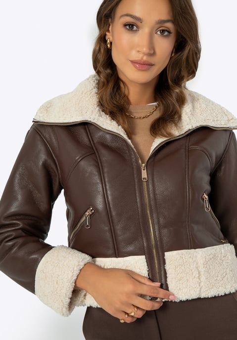 Wittchen Dames kort bruin imitatieleren jasje met bont - Image 4