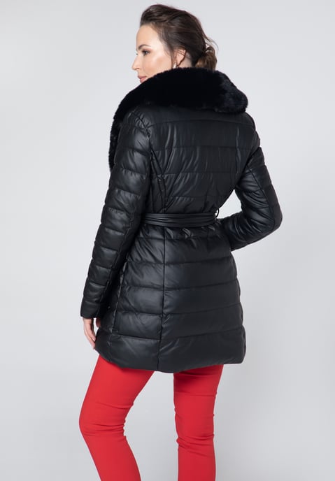 Wittchen Dames Gewatteerde Eco-Lederen Jas met Bont Zwart Eco-Leer - Image 2