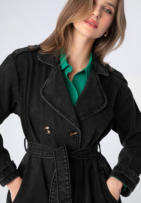 Wittchen Women's Denim Coat with Belt Black Cotton - Image 4