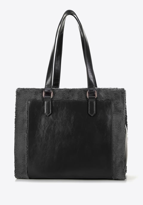 Wittchen Dames eco-leren shopper met bontafwerking, grijs - Image 2