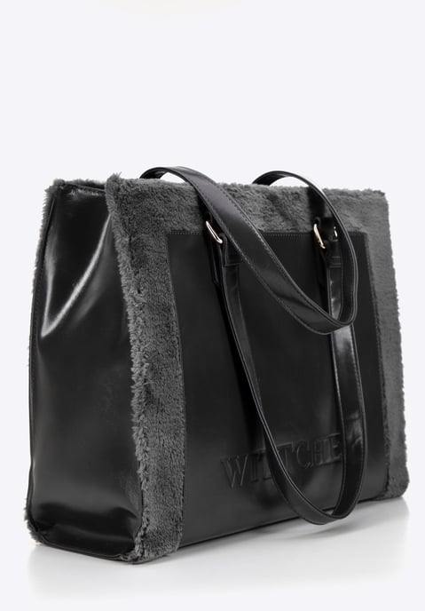 Wittchen Dames eco-leren shopper met bontafwerking, grijs - Image 5