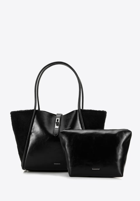 Wittchen Dames shopper met bontinzetstukken, zwart, eco-leer - Image 3