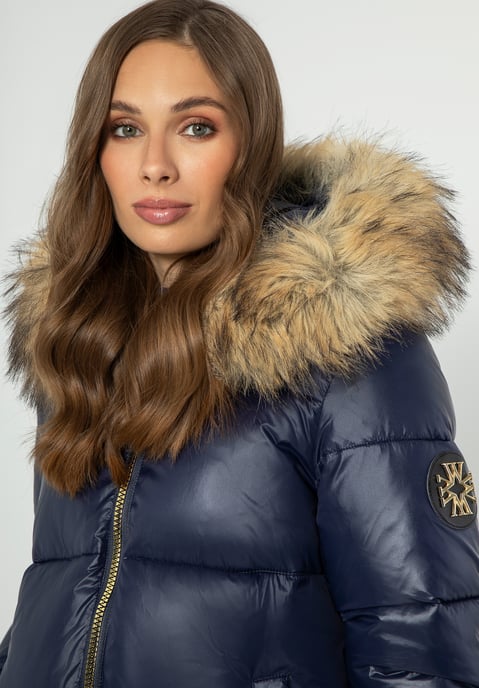 Wittchen Women's Jacket with Fur Hood Navy Blue Nylon - Image 3