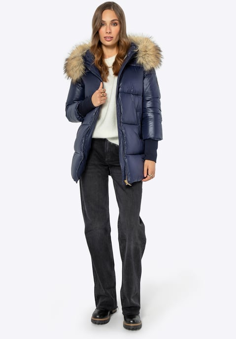 Wittchen Women's Jacket with Fur Hood Navy Blue Nylon - Image 4