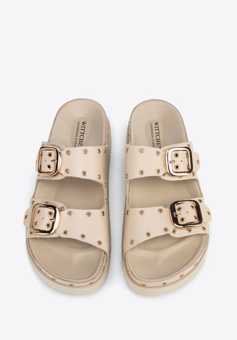 Wittchen Women's leather mules with metal details beige and gold beige and gold - Image 4