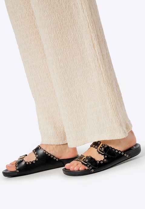 Wittchen Dames leren slippers met decoratieve bandjes, zwart natuurlijk leer - Image 1