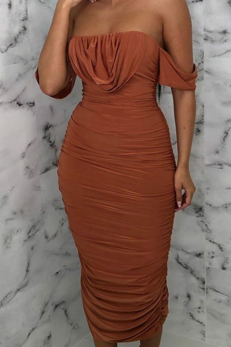 Bardot Cowl Neck Ruched Midi Dress - Image 3