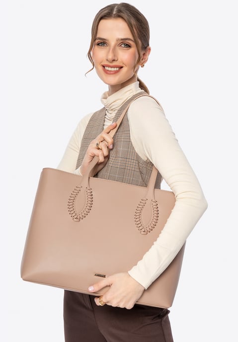 Wittchen Dames eco-leren shopper met geweven accenten, beige - Image 1