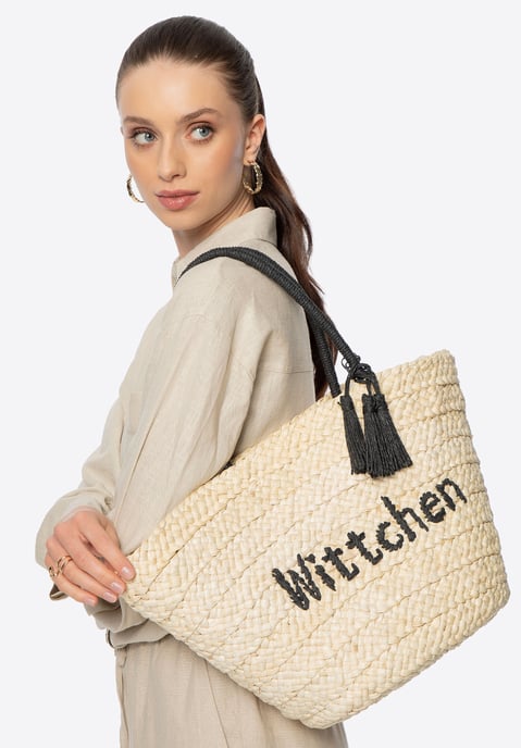 Wittchen Woman Woven Basket with Logo Beige and Black Beige and Black Corn Husk - Image 1