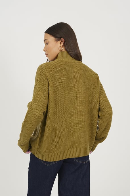 Olive Half Zip Funnel Neck Fisherman Knit Jumper - Image 2