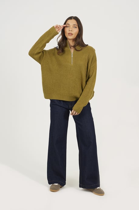 Olive Half Zip Funnel Neck Fisherman Knit Jumper - Image 3