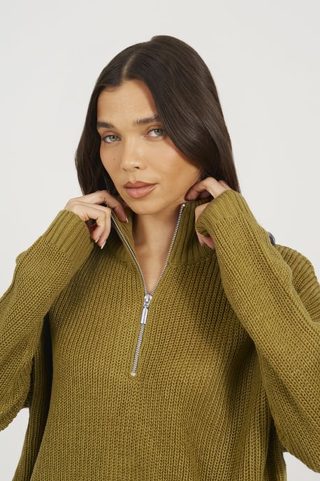 Olive Half Zip Funnel Neck Fisherman Knit Jumper - Image 4