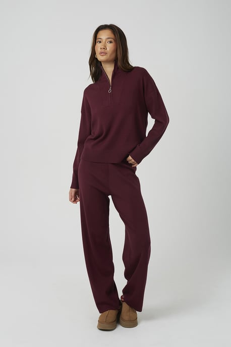Wine Knitted Zip Neck Jumper And Trouser Set - Image 1