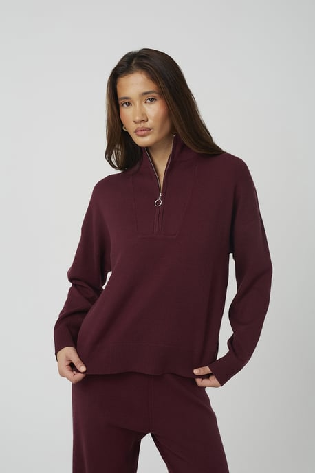 Wine Knitted Zip Neck Jumper And Trouser Set - Image 3