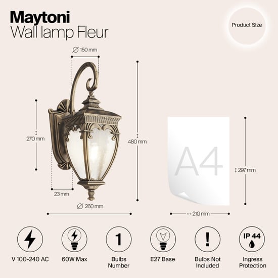 Maytoni Outdoor wandlamp fleur met goud Ø26 - Image 4