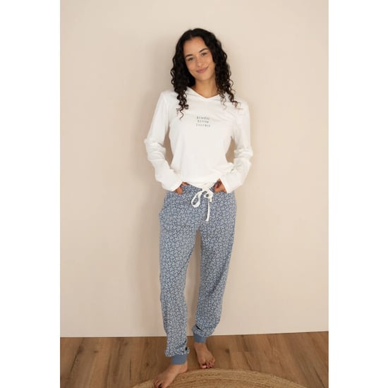 By Louise Dames pyjama set lang v-hals off-white/donkerblauw gebloemd - Image 4
