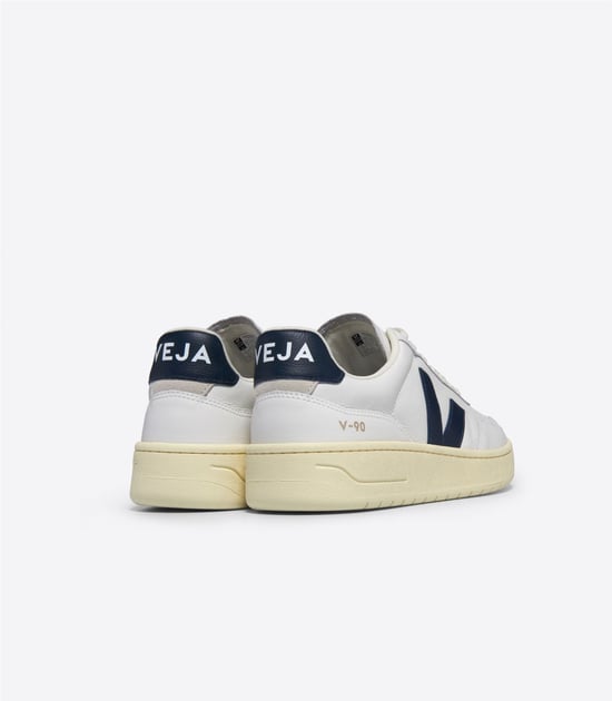 Veja V-90 Leather Women's White/Navy Trainers - Image 3
