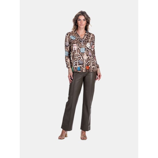 Mucho Gusto Zijden blouse blouse monza beige met slangenprint en kleurrijke broches - Image 1