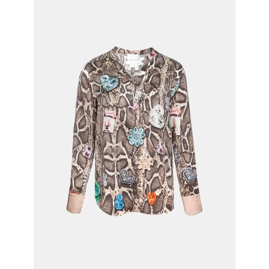 Mucho Gusto Zijden blouse blouse monza beige met slangenprint en kleurrijke broches - Image 5