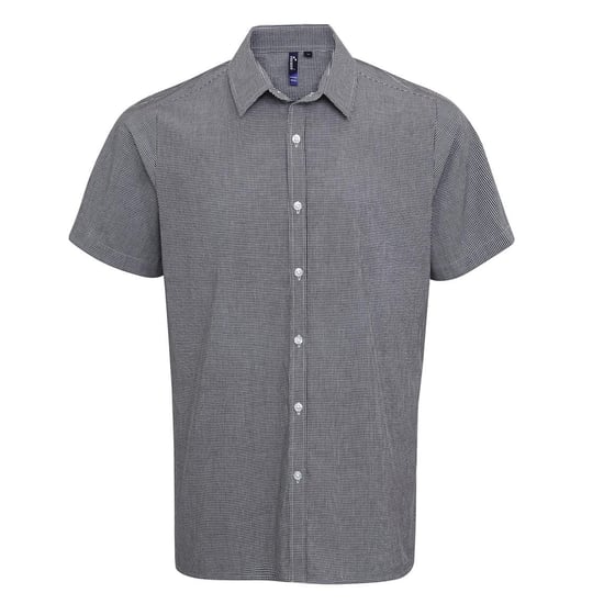 Premier Mens Micro Gingham Check Cotton Short-Sleeved Shirt (Black/White) - Image 1