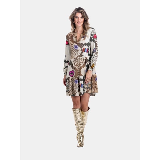 Mucho Gusto Viscose jurk san rafael met beige slangenprint en kunstzinnige gedrukte patches - Image 4