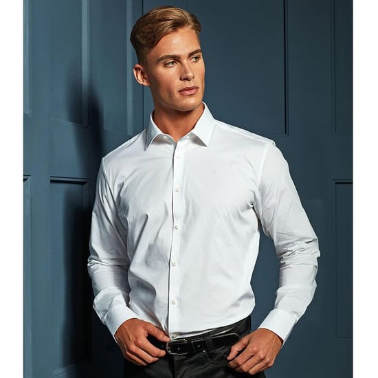Premier Mens Stretch Fit Poplin långärmad skjorta (Vit) - Image 6