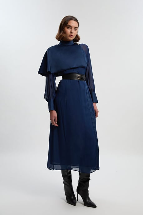 Military Sheer Cape Detail Woven Maxi Dress - Image 1
