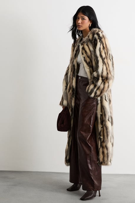 Premium Zig Zag Longline Faux Fur Coat - Image 1