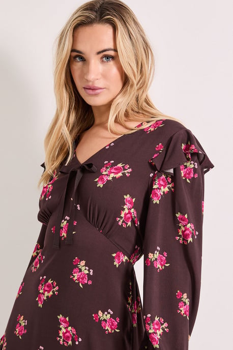 Chocolate Ditsy Contrast Bow Detail Frill Printed Midaxi Dress - Image 2