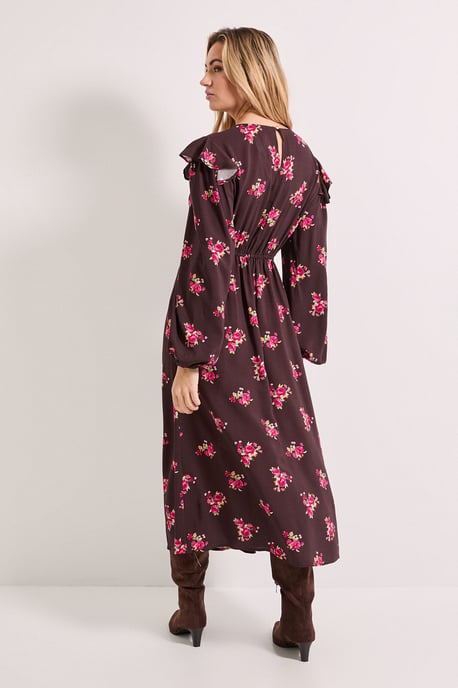 Chocolate Ditsy Contrast Bow Detail Frill Printed Midaxi Dress - Image 3