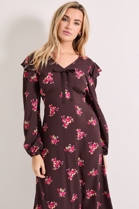 Chocolate Ditsy Contrast Bow Detail Frill Printed Midaxi Dress - Image 4