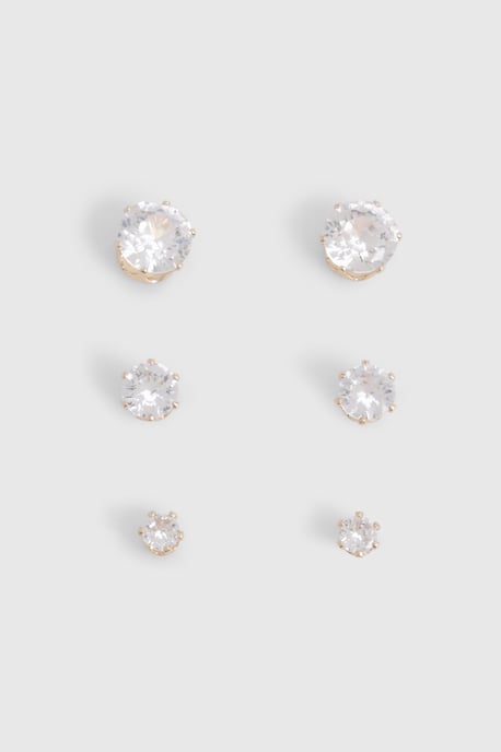 Gold 3 Pack Diamante Stud Earrings - Image 1