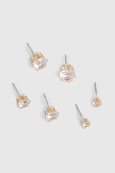 Gold 3 Pack Diamante Stud Earrings - Image 3