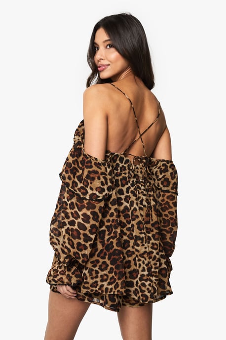 Leopard Chiffon Cold Shoulder Ruffle Playsuit - Image 2
