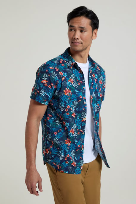 Tropical Printed Men's Short Sleeve Shirt 100% Cotton Chest Pocket Holiday Top Navy - Image 2