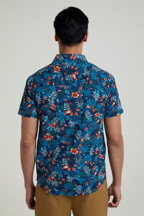 Tropical Printed Men's Short Sleeve Shirt 100% Cotton Chest Pocket Holiday Top Navy - Image 3