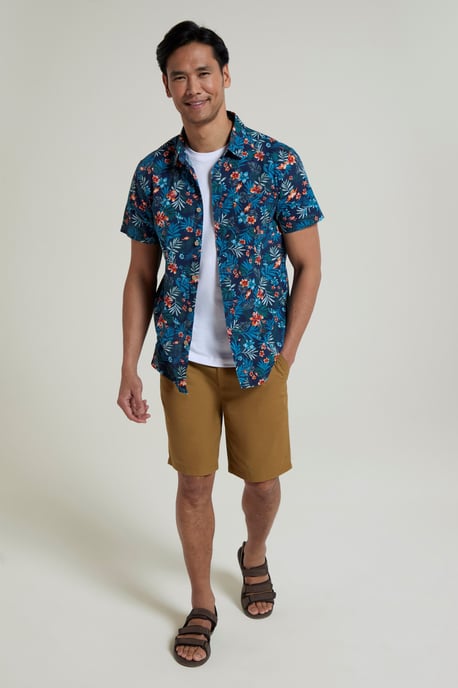Tropical Printed Men's Short Sleeve Shirt 100% Cotton Chest Pocket Holiday Top Navy - Image 4