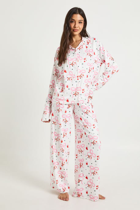 Santa Bow Print Long Sleeve Top & Trousers Pyjama Set - Image 1